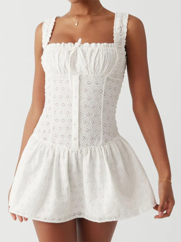 New Square Neck Waist Sling Dress French Sweet Seaside Vacation A-Line Skirt-chiquechics