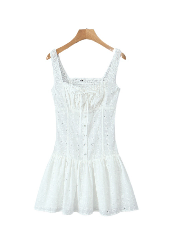 New Square Neck Waist Sling Dress French Sweet Seaside Vacation A-Line Skirt-chiquechics