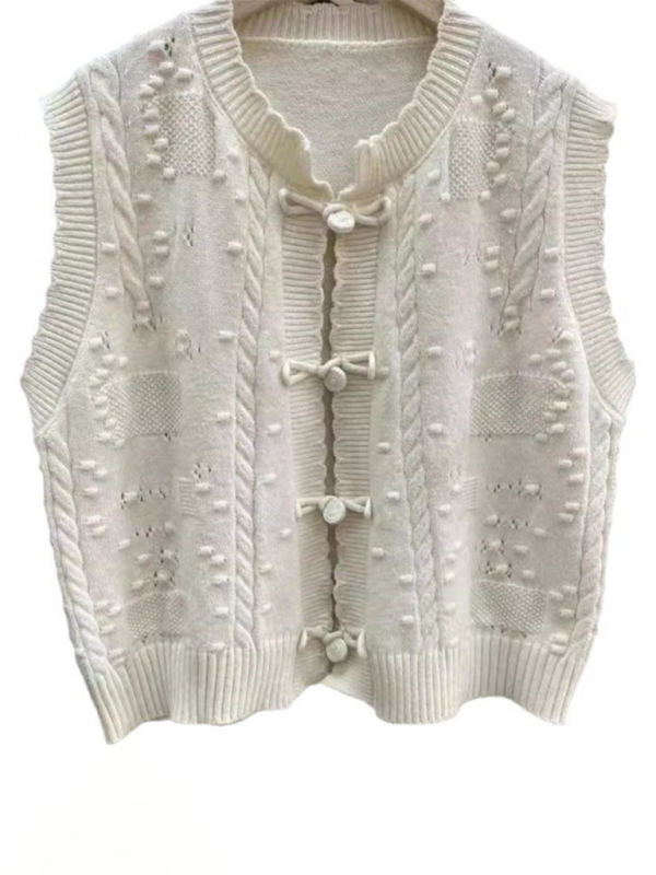 Three-dimensional buckle design lace collar knitted vest loose soft waxy layered top vest-chiquechics