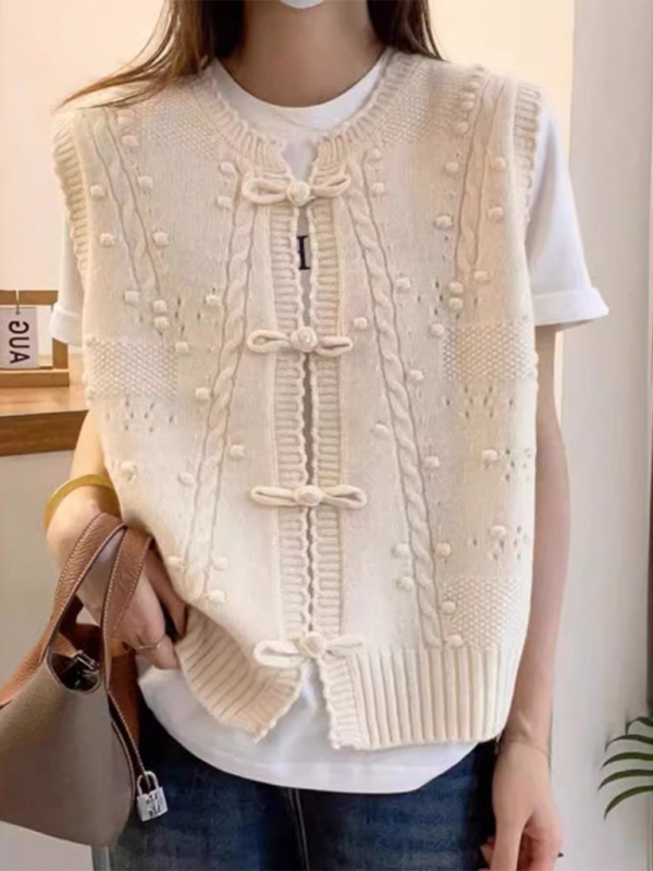Three-dimensional buckle design lace collar knitted vest loose soft waxy layered top vest-chiquechics