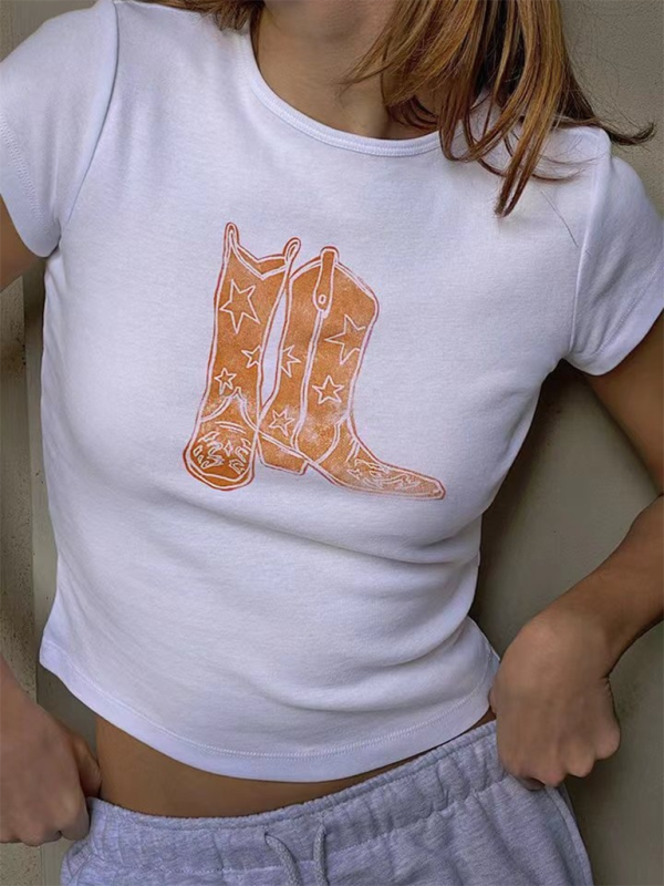 Fashionable hot girl style printed loose casual navel-baring short-sleeved T-shirt-chiquechics