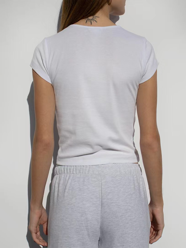 Fashionable hot girl style printed loose casual navel-baring short-sleeved T-shirt-chiquechics