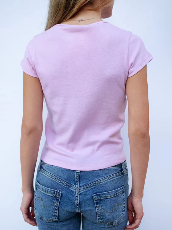 Fashionable hot girl style printed loose casual navel-baring short-sleeved T-shirt-chiquechics