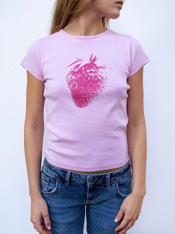 Fashionable hot girl style printed loose casual navel-baring short-sleeved T-shirt-chiquechics