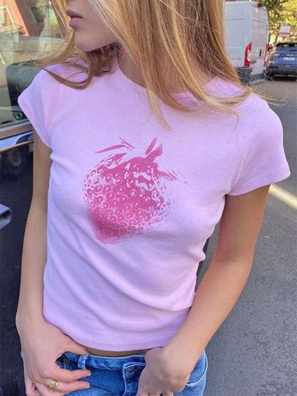 Fashionable hot girl style printed loose casual navel-baring short-sleeved T-shirt-chiquechics