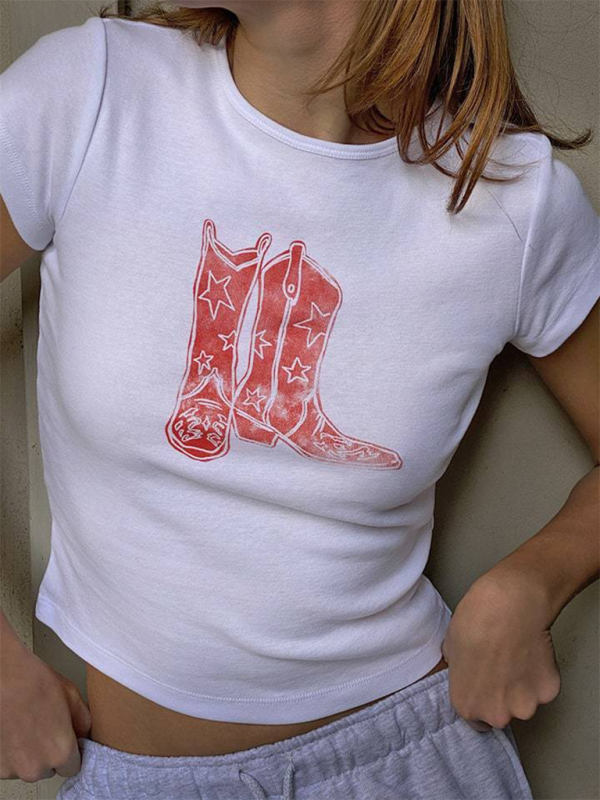 Fashionable hot girl style printed loose casual navel-baring short-sleeved T-shirt-chiquechics