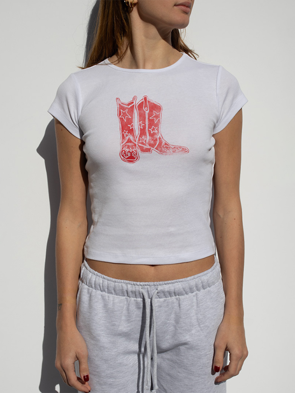 Fashionable hot girl style printed loose casual navel-baring short-sleeved T-shirt-chiquechics