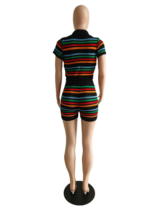 New sexy knitted contrasting color short-sleeved shorts casual two-piece set-chiquechics