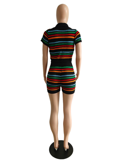 New sexy knitted contrasting color short-sleeved shorts casual two-piece set-chiquechics