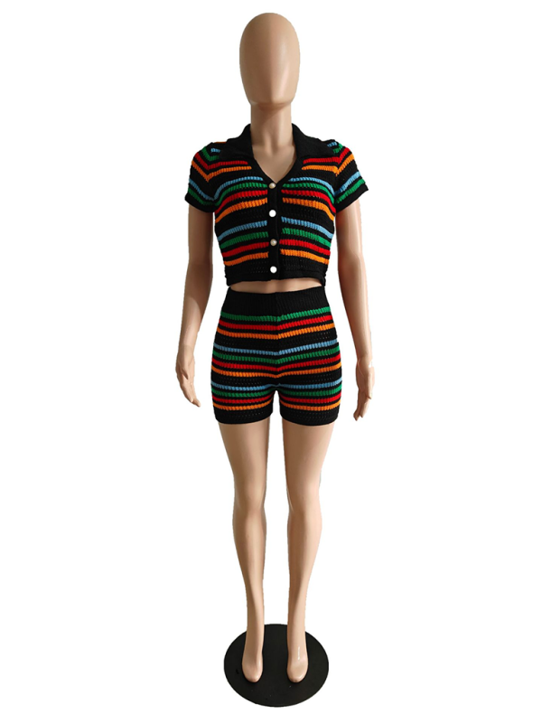 New sexy knitted contrasting color short-sleeved shorts casual two-piece set-chiquechics