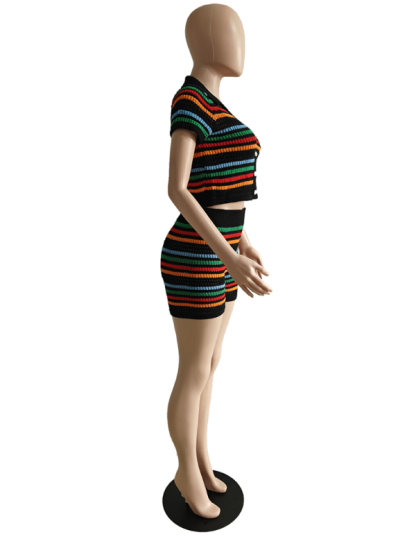 New sexy knitted contrasting color short-sleeved shorts casual two-piece set-chiquechics