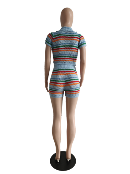 New sexy knitted contrasting color short-sleeved shorts casual two-piece set-chiquechics