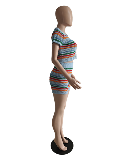New sexy knitted contrasting color short-sleeved shorts casual two-piece set-chiquechics