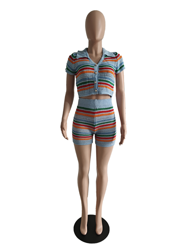 New sexy knitted contrasting color short-sleeved shorts casual two-piece set-chiquechics
