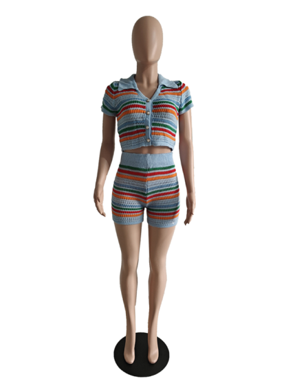 New sexy knitted contrasting color short-sleeved shorts casual two-piece set-chiquechics