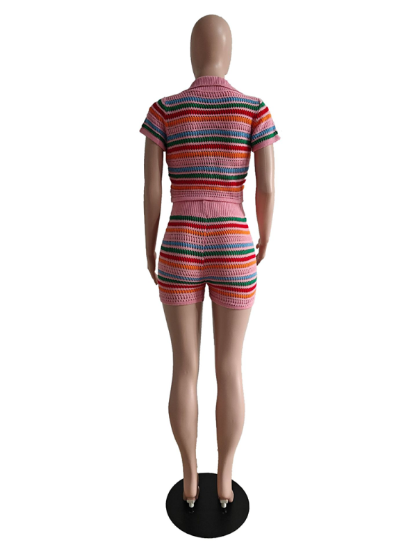 New sexy knitted contrasting color short-sleeved shorts casual two-piece set-chiquechics