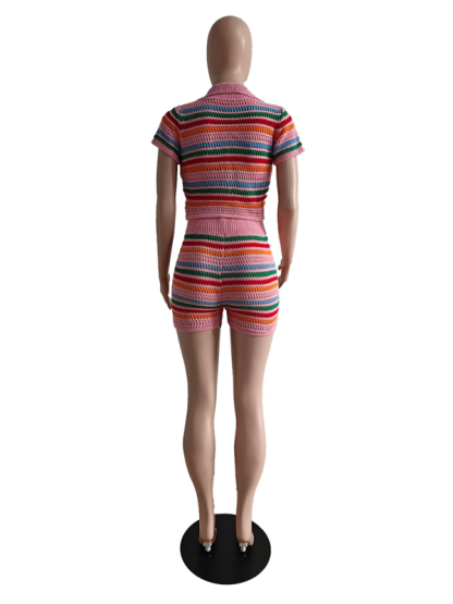 New sexy knitted contrasting color short-sleeved shorts casual two-piece set-chiquechics