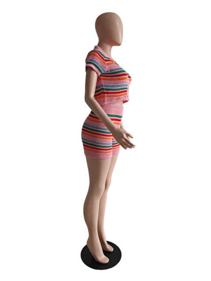 New sexy knitted contrasting color short-sleeved shorts casual two-piece set-chiquechics