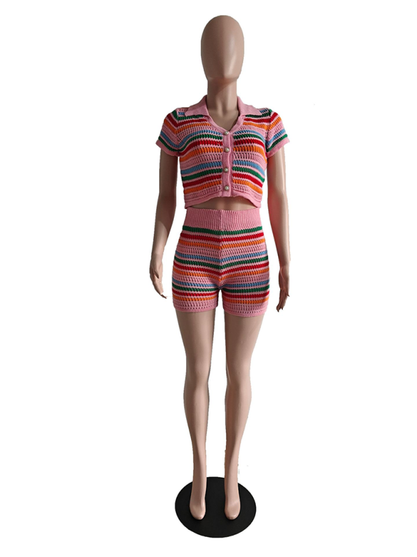 New sexy knitted contrasting color short-sleeved shorts casual two-piece set-chiquechics