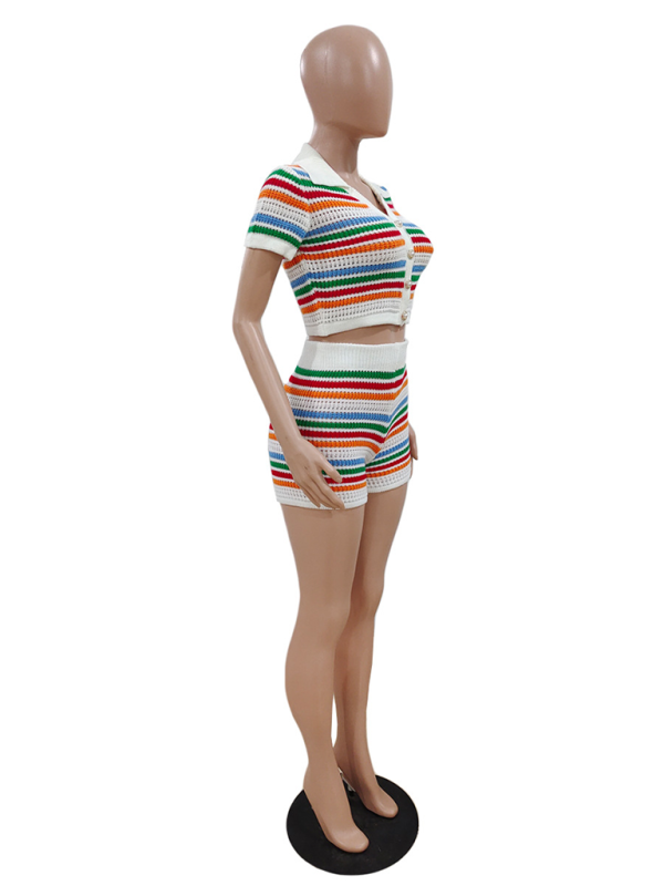 New sexy knitted contrasting color short-sleeved shorts casual two-piece set-chiquechics