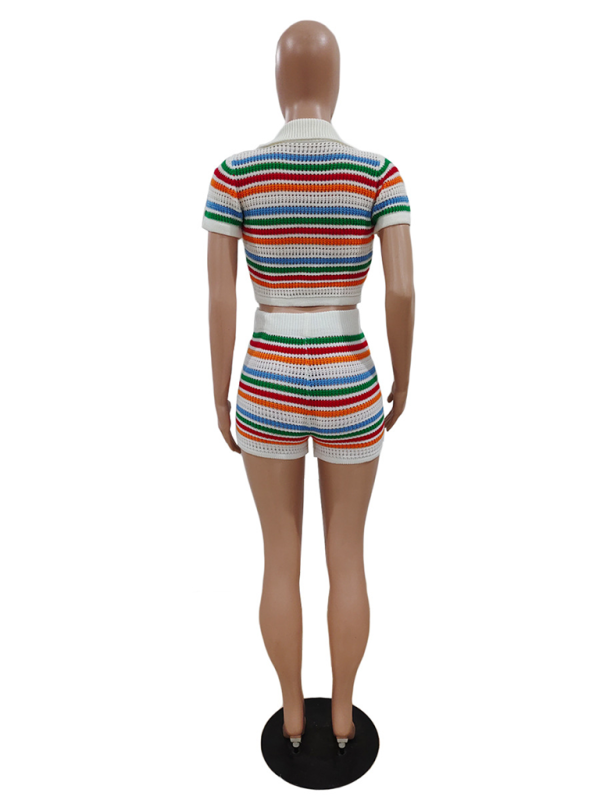 New sexy knitted contrasting color short-sleeved shorts casual two-piece set-chiquechics