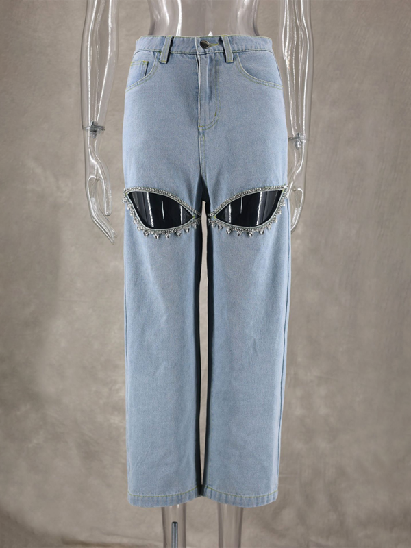 New fashionable blue ripped straight jeans-chiquechics
