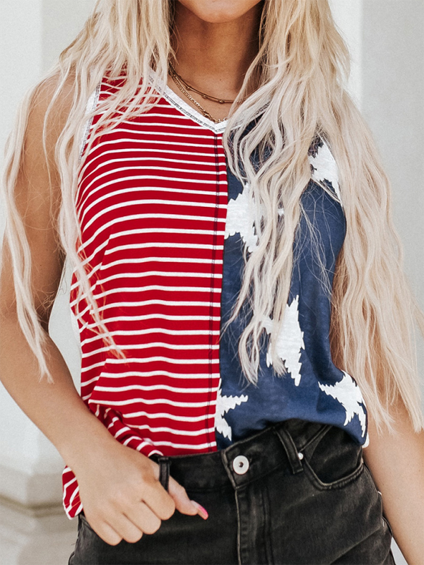 New American Flag Printed Independence Day Trendy Color Blocking U-neck Pullover Top-chiquechics