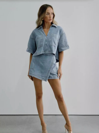 Loose and slim POLO short-sleeved shirt irregular skirt and pants two-piece set-chiquechics