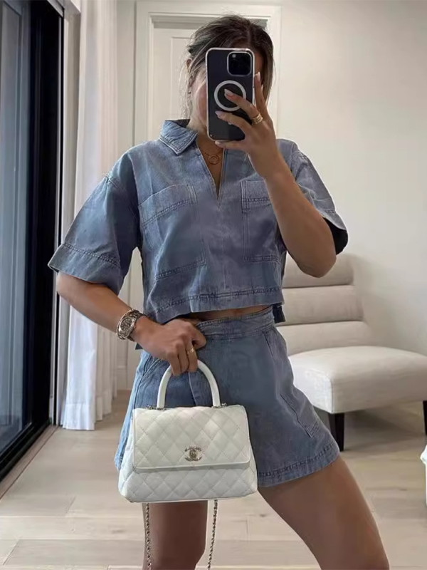 Loose and slim POLO short-sleeved shirt irregular skirt and pants two-piece set-chiquechics