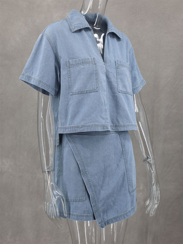 Loose and slim POLO short-sleeved shirt irregular skirt and pants two-piece set-chiquechics
