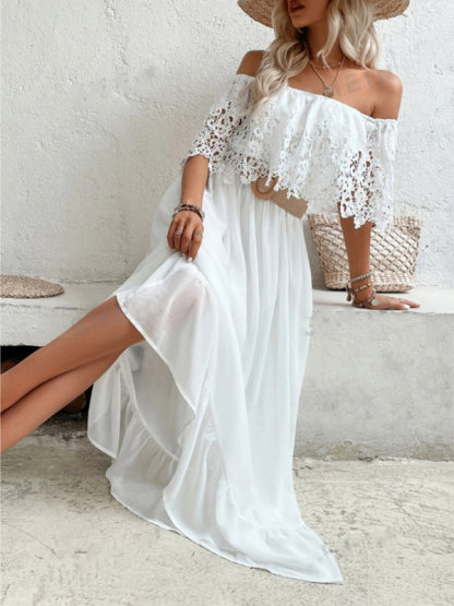 Off-the-shoulder guipure lace paneled ruffle hem dress-chiquechics