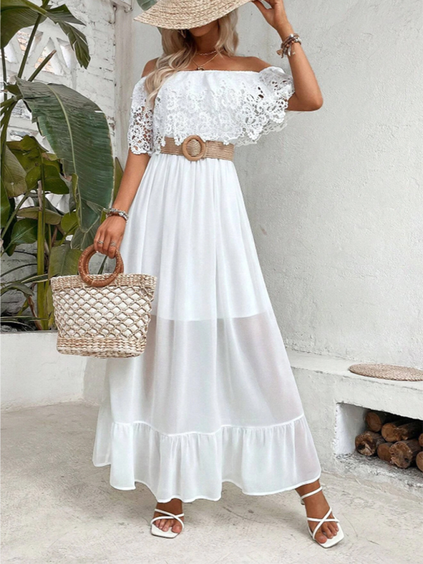 Off-the-shoulder guipure lace paneled ruffle hem dress-chiquechics