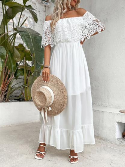 Off-the-shoulder guipure lace paneled ruffle hem dress-chiquechics