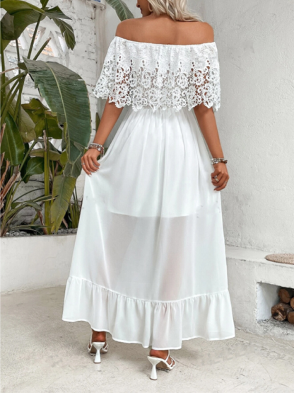 Off-the-shoulder guipure lace paneled ruffle hem dress-chiquechics