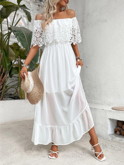 Off-the-shoulder guipure lace paneled ruffle hem dress-chiquechics