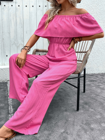 Wide-leg pants one-shoulder solid color trousers jumpsuit-chiquechics