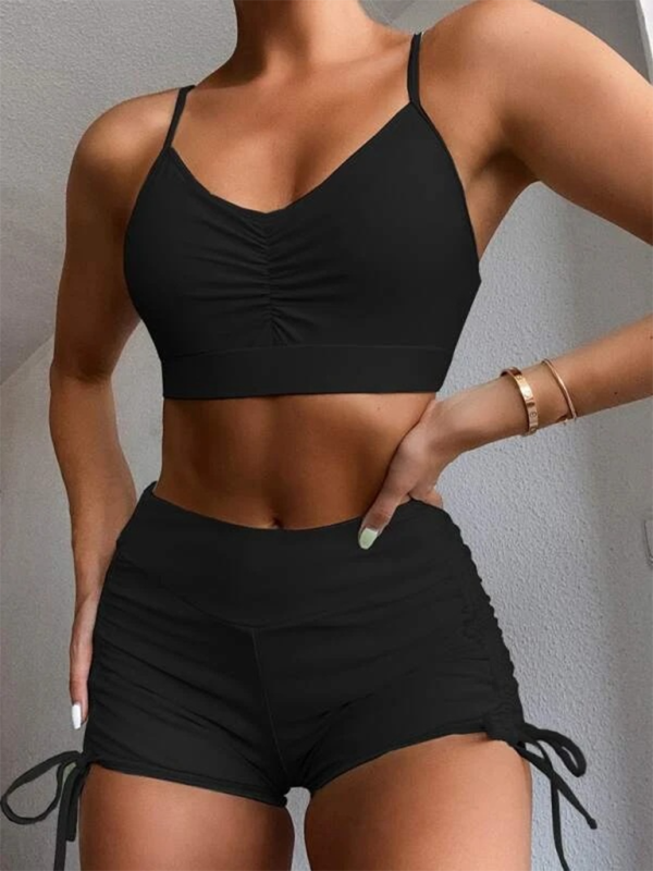 Solid color bikini sexy small chest gathered high waist cover belly split swimsuit-chiquechics