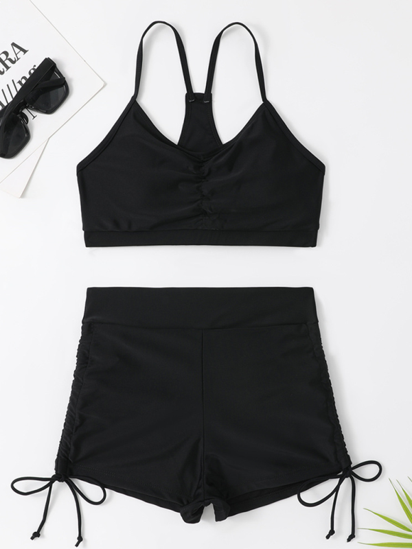Solid color bikini sexy small chest gathered high waist cover belly split swimsuit-chiquechics