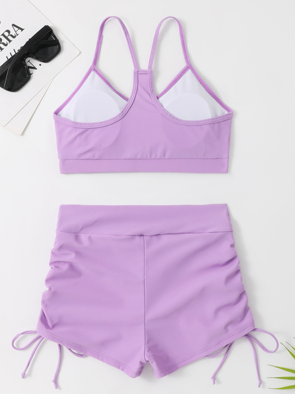 Solid color bikini sexy small chest gathered high waist cover belly split swimsuit-chiquechics