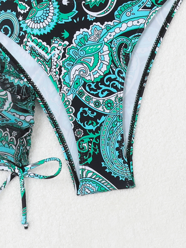 Cashew flower print lace-up swimsuit bikini sexy two-piece swimsuit four-piece set-chiquechics