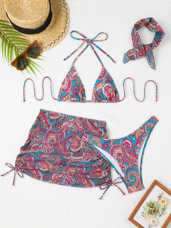 Cashew flower print lace-up swimsuit bikini sexy two-piece swimsuit four-piece set-chiquechics