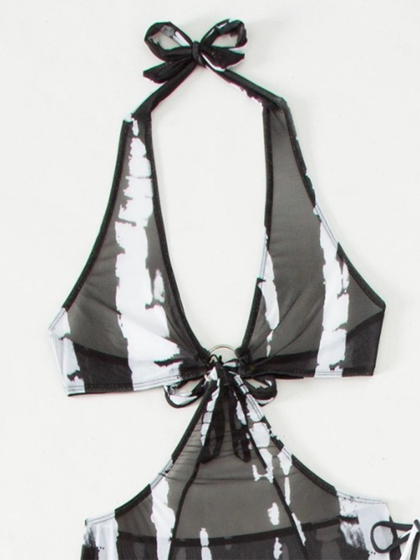 Fashion new style printed mesh backless bikini three piece swimsuit-chiquechics