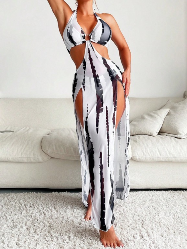 Fashion new style printed mesh backless bikini three piece swimsuit-chiquechics