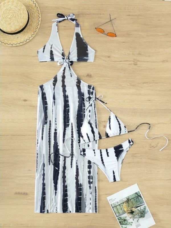 Fashion new style printed mesh backless bikini three piece swimsuit-chiquechics
