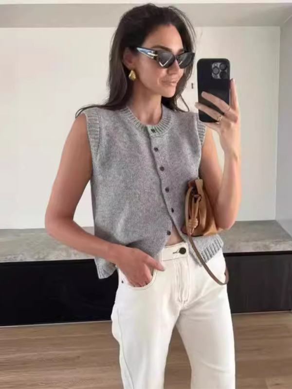 Knitted vest vest casual versatile single-breasted knitted cardigan top-chiquechics