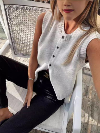 Knitted vest vest casual versatile single-breasted knitted cardigan top-chiquechics