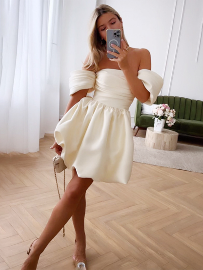 Solid color one-shoulder princess dress sexy tube top princess sleeve dress-chiquechics