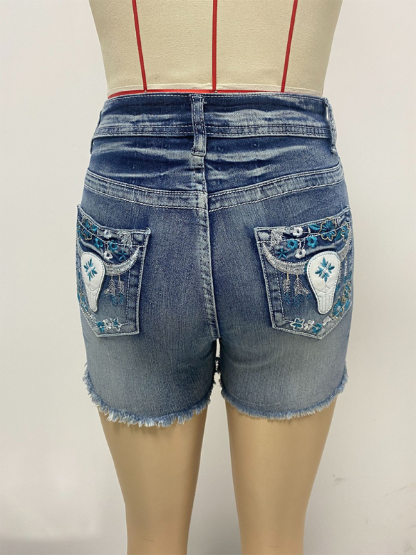 New American retro embroidered slim fit raw edge denim shorts-chiquechics