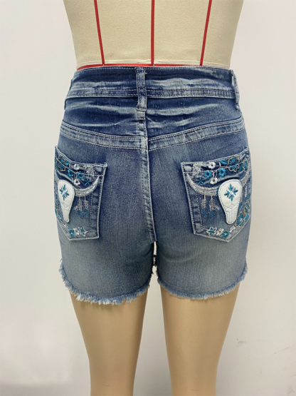 New American retro embroidered slim fit raw edge denim shorts-chiquechics