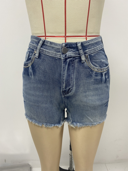 New American retro embroidered slim fit raw edge denim shorts-chiquechics